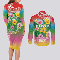 Hawaii Aloha Tropical Leaves and Flower Couples Matching Long Sleeve Bodycon Dress and Long Sleeve Button Shirt with Polynesian Art Tattoo Rainbow Color LT03 - Polynesian Pride