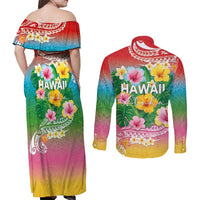 Hawaii Aloha Tropical Leaves and Flower Couples Matching Off Shoulder Maxi Dress and Long Sleeve Button Shirt with Polynesian Art Tattoo Rainbow Color LT03 - Polynesian Pride