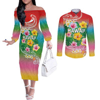 Hawaii Aloha Tropical Leaves and Flower Couples Matching Off The Shoulder Long Sleeve Dress and Long Sleeve Button Shirt with Polynesian Art Tattoo Rainbow Color LT03 Rainbow - Polynesian Pride
