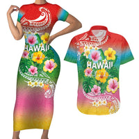 Hawaii Aloha Tropical Leaves and Flower Couples Matching Short Sleeve Bodycon Dress and Hawaiian Shirt with Polynesian Art Tattoo Rainbow Color LT03 Rainbow - Polynesian Pride