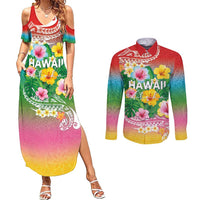 Hawaii Aloha Tropical Leaves and Flower Couples Matching Summer Maxi Dress and Long Sleeve Button Shirt with Polynesian Art Tattoo Rainbow Color LT03 Rainbow - Polynesian Pride
