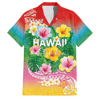 Hawaii Aloha Tropical Leaves and Flower Family Matching Long Sleeve Bodycon Dress and Hawaiian Shirt with Polynesian Art Tattoo Rainbow Color LT03 Dad's Shirt - Short Sleeve Rainbow - Polynesian Pride