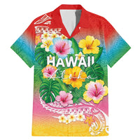 Hawaii Aloha Tropical Leaves and Flower Family Matching Mermaid Dress and Hawaiian Shirt with Polynesian Art Tattoo Rainbow Color LT03 Dad's Shirt - Short Sleeve Rainbow - Polynesian Pride