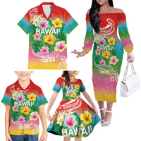 Hawaii Aloha Tropical Leaves and Flower Family Matching Off The Shoulder Long Sleeve Dress and Hawaiian Shirt with Polynesian Art Tattoo Rainbow Color LT03 - Polynesian Pride