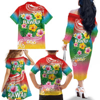 Hawaii Aloha Tropical Leaves and Flower Family Matching Off The Shoulder Long Sleeve Dress and Hawaiian Shirt with Polynesian Art Tattoo Rainbow Color LT03 - Polynesian Pride