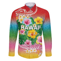 Hawaii Aloha Tropical Leaves and Flower Family Matching Off The Shoulder Long Sleeve Dress and Hawaiian Shirt with Polynesian Art Tattoo Rainbow Color LT03 Dad's Shirt - Long Sleeve Rainbow - Polynesian Pride