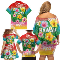 Hawaii Aloha Tropical Leaves and Flower Family Matching Off Shoulder Short Dress and Hawaiian Shirt with Polynesian Art Tattoo Rainbow Color LT03 - Polynesian Pride