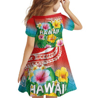 Hawaii Aloha Tropical Leaves and Flower Family Matching Short Sleeve Bodycon Dress and Hawaiian Shirt with Polynesian Art Tattoo Rainbow Color LT03 - Polynesian Pride