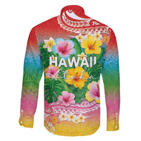 Hawaii Aloha Tropical Leaves and Flower Family Matching Short Sleeve Bodycon Dress and Hawaiian Shirt with Polynesian Art Tattoo Rainbow Color LT03 - Polynesian Pride