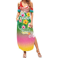 Hawaii Aloha Tropical Leaves and Flower Family Matching Summer Maxi Dress and Hawaiian Shirt with Polynesian Art Tattoo Rainbow Color LT03 Mom's Dress Rainbow - Polynesian Pride