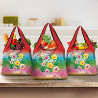 Hawaii Aloha Tropical Leaves and Flower Grocery Bag with Polynesian Art Tattoo Rainbow Color - Polynesian Pride