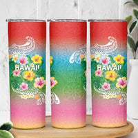 Hawaii Aloha Tropical Leaves and Flower Skinny Tumbler with Polynesian Art Tattoo Rainbow Color LT03 - Polynesian Pride