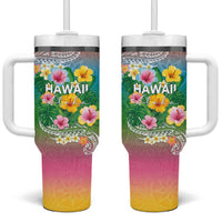 Hawaii Aloha Tropical Leaves and Flower Tumbler With Handle with Polynesian Art Tattoo Rainbow Color - Polynesian Pride
