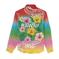 Hawaii Aloha Tropical Leaves and Flower Women Casual Shirt with Polynesian Art Tattoo Rainbow Color LT03 - Polynesian Pride