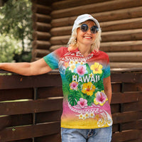 Hawaii Aloha Tropical Leaves and Flower Women Polo Shirt with Polynesian Art Tattoo Rainbow Color LT03 - Polynesian Pride