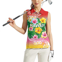 Hawaii Aloha Tropical Leaves and Flower Women Sleeveless Polo Shirt with Polynesian Art Tattoo Rainbow Color LT03 - Polynesian Pride