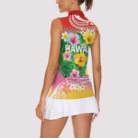 Hawaii Aloha Tropical Leaves and Flower Women Sleeveless Polo Shirt with Polynesian Art Tattoo Rainbow Color LT03 - Polynesian Pride