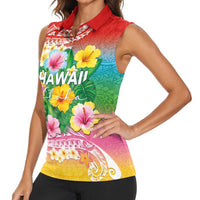 Hawaii Aloha Tropical Leaves and Flower Women Sleeveless Polo Shirt with Polynesian Art Tattoo Rainbow Color LT03 - Polynesian Pride