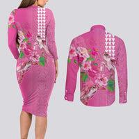 Hawaii Aloha Turtle Hibiscus and Leaves Couples Matching Long Sleeve Bodycon Dress and Long Sleeve Button Shirt with Polynesian and Kakau Tattoos Rose Color LT03 - Polynesian Pride