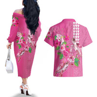 Hawaii Aloha Turtle Hibiscus and Leaves Couples Matching Off The Shoulder Long Sleeve Dress and Hawaiian Shirt with Polynesian and Kakau Tattoos Rose Color LT03 - Polynesian Pride