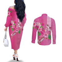 Hawaii Aloha Turtle Hibiscus and Leaves Couples Matching Off The Shoulder Long Sleeve Dress and Long Sleeve Button Shirt with Polynesian and Kakau Tattoos Rose Color LT03 - Polynesian Pride