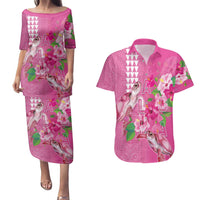 Hawaii Aloha Turtle Hibiscus and Leaves Couples Matching Puletasi and Hawaiian Shirt with Polynesian and Kakau Tattoos Rose Color LT03 Pink - Polynesian Pride