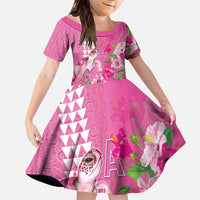 Hawaii Aloha Turtle Hibiscus and Leaves Family Matching Long Sleeve Bodycon Dress and Hawaiian Shirt with Polynesian and Kakau Tattoos Rose Color LT03 Daughter's Dress Pink - Polynesian Pride