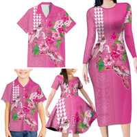 Hawaii Aloha Turtle Hibiscus and Leaves Family Matching Long Sleeve Bodycon Dress and Hawaiian Shirt with Polynesian and Kakau Tattoos Rose Color LT03 - Polynesian Pride