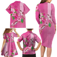 Hawaii Aloha Turtle Hibiscus and Leaves Family Matching Long Sleeve Bodycon Dress and Hawaiian Shirt with Polynesian and Kakau Tattoos Rose Color LT03 - Polynesian Pride