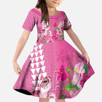 Hawaii Aloha Turtle Hibiscus and Leaves Family Matching Off The Shoulder Long Sleeve Dress and Hawaiian Shirt with Polynesian and Kakau Tattoos Rose Color LT03 Daughter's Dress Pink - Polynesian Pride