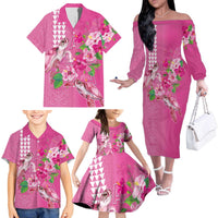 Hawaii Aloha Turtle Hibiscus and Leaves Family Matching Off The Shoulder Long Sleeve Dress and Hawaiian Shirt with Polynesian and Kakau Tattoos Rose Color LT03 - Polynesian Pride