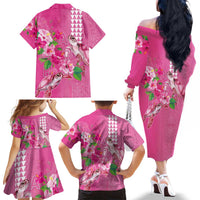 Hawaii Aloha Turtle Hibiscus and Leaves Family Matching Off The Shoulder Long Sleeve Dress and Hawaiian Shirt with Polynesian and Kakau Tattoos Rose Color LT03 - Polynesian Pride