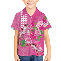 Hawaii Aloha Turtle Hibiscus and Leaves Family Matching Off The Shoulder Long Sleeve Dress and Hawaiian Shirt with Polynesian and Kakau Tattoos Rose Color LT03 Son's Shirt Pink - Polynesian Pride