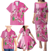 Hawaii Aloha Turtle Hibiscus and Leaves Family Matching Puletasi and Hawaiian Shirt with Polynesian and Kakau Tattoos Rose Color LT03 - Polynesian Pride