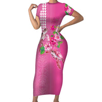 Hawaii Aloha Turtle Hibiscus and Leaves Family Matching Short Sleeve Bodycon Dress and Hawaiian Shirt with Polynesian and Kakau Tattoos Rose Color LT03 Mom's Dress Pink - Polynesian Pride