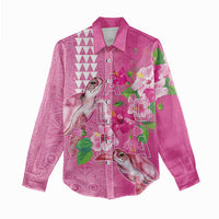 Hawaii Aloha Turtle Hibiscus and Leaves Women Casual Shirt with Polynesian and Kakau Tattoos Rose Color LT03 - Polynesian Pride