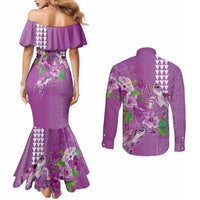 Hawaii Aloha Turtle Hibiscus and Leaves Couples Matching Mermaid Dress and Long Sleeve Button Shirt with Polynesian and Kakau Tattoos Lilac Color LT03 - Polynesian Pride