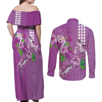 Hawaii Aloha Turtle Hibiscus and Leaves Couples Matching Off Shoulder Maxi Dress and Long Sleeve Button Shirt with Polynesian and Kakau Tattoos Lilac Color LT03 - Polynesian Pride