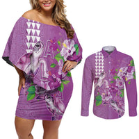 Hawaii Aloha Turtle Hibiscus and Leaves Couples Matching Off Shoulder Short Dress and Long Sleeve Button Shirt with Polynesian and Kakau Tattoos Lilac Color LT03 Purple - Polynesian Pride