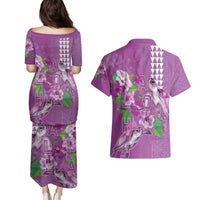 Hawaii Aloha Turtle Hibiscus and Leaves Couples Matching Puletasi and Hawaiian Shirt with Polynesian and Kakau Tattoos Lilac Color LT03 - Polynesian Pride