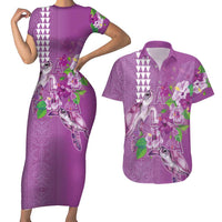 Hawaii Aloha Turtle Hibiscus and Leaves Couples Matching Short Sleeve Bodycon Dress and Hawaiian Shirt with Polynesian and Kakau Tattoos Lilac Color LT03 Purple - Polynesian Pride