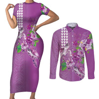 Hawaii Aloha Turtle Hibiscus and Leaves Couples Matching Short Sleeve Bodycon Dress and Long Sleeve Button Shirt with Polynesian and Kakau Tattoos Lilac Color LT03 Purple - Polynesian Pride