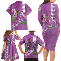 Hawaii Aloha Turtle Hibiscus and Leaves Family Matching Long Sleeve Bodycon Dress and Hawaiian Shirt with Polynesian and Kakau Tattoos Lilac Color LT03 - Polynesian Pride