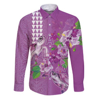 Hawaii Aloha Turtle Hibiscus and Leaves Family Matching Mermaid Dress and Hawaiian Shirt with Polynesian and Kakau Tattoos Lilac Color LT03 Dad's Shirt - Long Sleeve Purple - Polynesian Pride