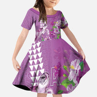 Hawaii Aloha Turtle Hibiscus and Leaves Family Matching Off The Shoulder Long Sleeve Dress and Hawaiian Shirt with Polynesian and Kakau Tattoos Lilac Color LT03 Daughter's Dress Purple - Polynesian Pride