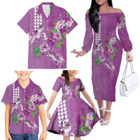 Hawaii Aloha Turtle Hibiscus and Leaves Family Matching Off The Shoulder Long Sleeve Dress and Hawaiian Shirt with Polynesian and Kakau Tattoos Lilac Color LT03 - Polynesian Pride