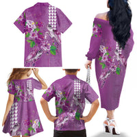 Hawaii Aloha Turtle Hibiscus and Leaves Family Matching Off The Shoulder Long Sleeve Dress and Hawaiian Shirt with Polynesian and Kakau Tattoos Lilac Color LT03 - Polynesian Pride