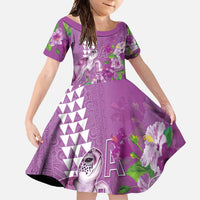 Hawaii Aloha Turtle Hibiscus and Leaves Family Matching Off Shoulder Maxi Dress and Hawaiian Shirt with Polynesian and Kakau Tattoos Lilac Color LT03 Daughter's Dress Purple - Polynesian Pride