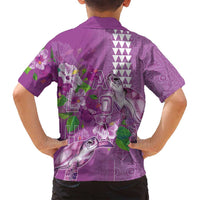 Hawaii Aloha Turtle Hibiscus and Leaves Family Matching Off Shoulder Short Dress and Hawaiian Shirt with Polynesian and Kakau Tattoos Lilac Color LT03 - Polynesian Pride