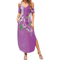 Hawaii Aloha Turtle Hibiscus and Leaves Family Matching Summer Maxi Dress and Hawaiian Shirt with Polynesian and Kakau Tattoos Lilac Color LT03 Mom's Dress Purple - Polynesian Pride